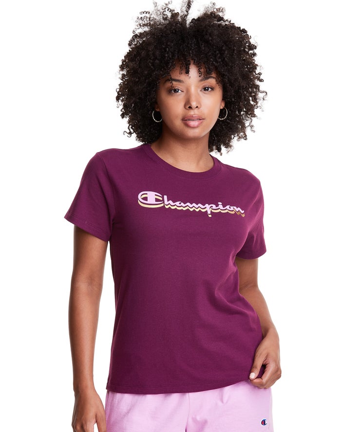 Champion Classic Drop Shadow Foil Script Logo T-Shirt Dames - DonkerPaars - Belgie 3987OQMIH